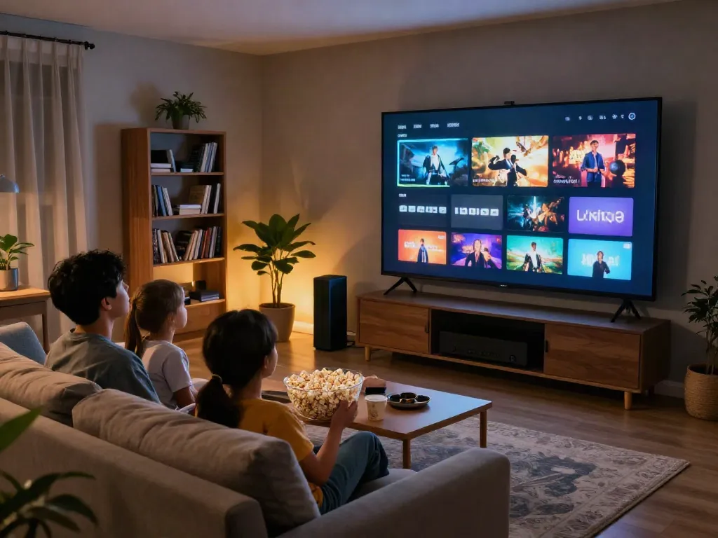 Famille profitant de l'application Atlas Pro pour une soirée cinéma à domicile.