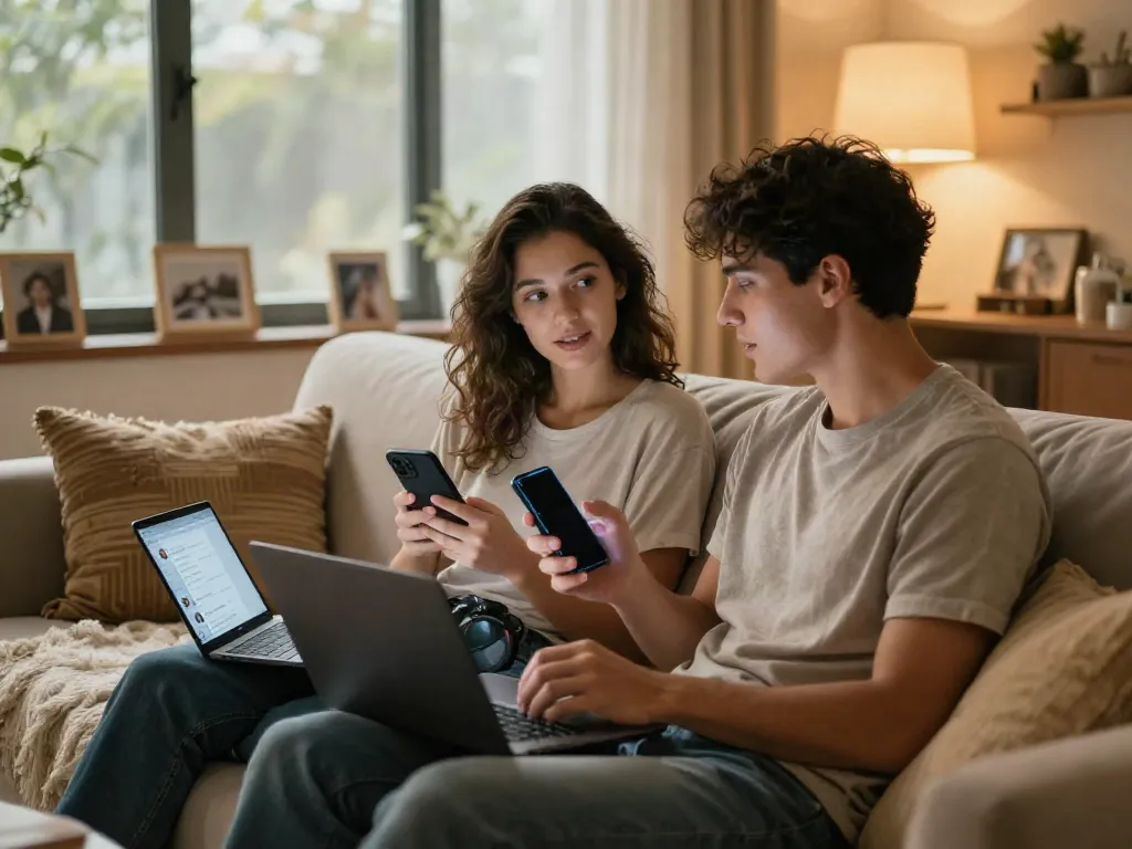 Young couple enjoying AI sex chat on their devices, cozy living room setting with warm lighting.