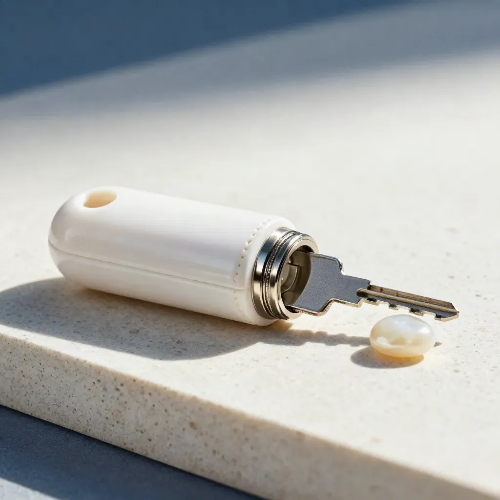 Boîtier KYC blanc perlé entrouvert, anneau de scellé, clé de sécurité et galet sur travertin.