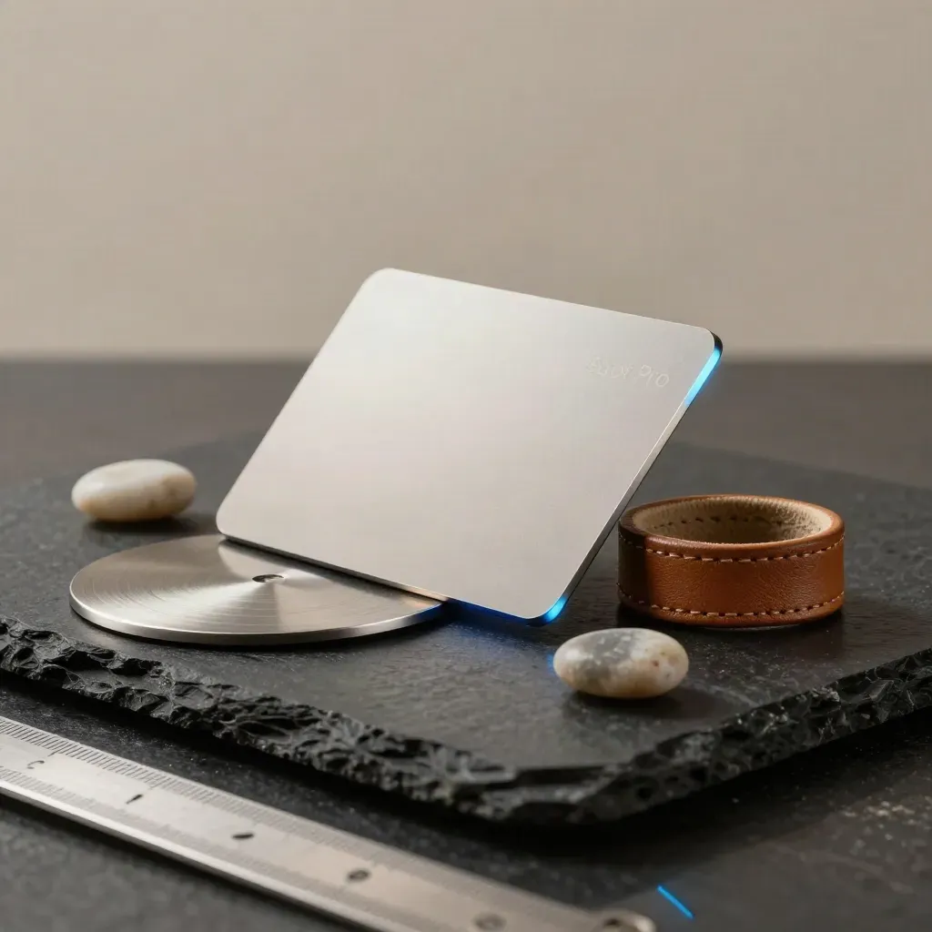 Carte de frais Spot Pro en aluminium mat avec disques métal, galet et anneau de cuir sur fond sombre.