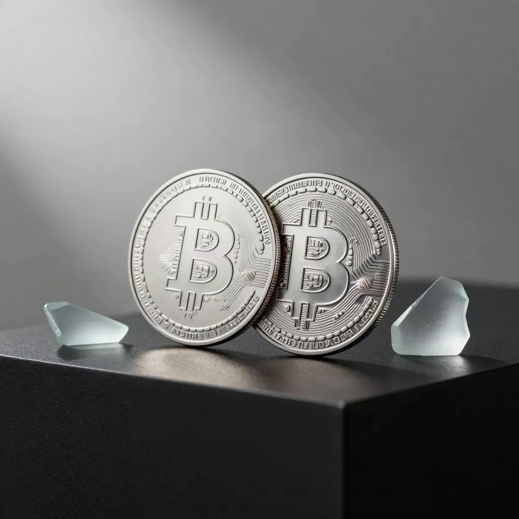 Deux jetons BTC/EUR en métal satiné sur socle noir avec verre dépoli, lumière studio douce.