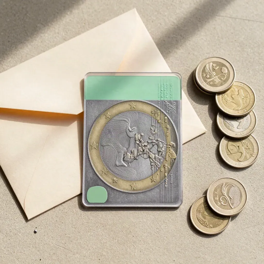 Flatlay d’une carte de dépôt euro, enveloppe kraft, pièces et sceau sur pierre claire.