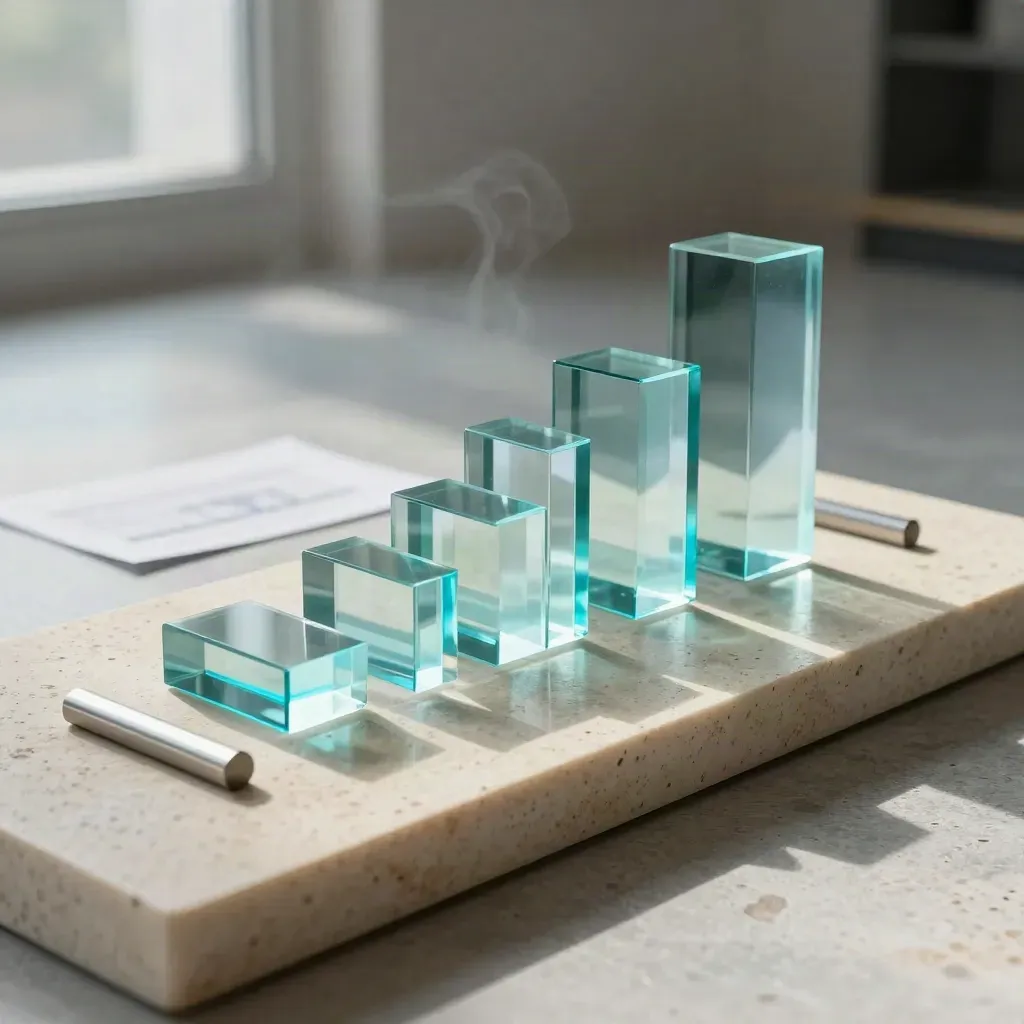 Blocs de verre en gradins sur pierre claire, avec accents bleu néon et brume légère.
