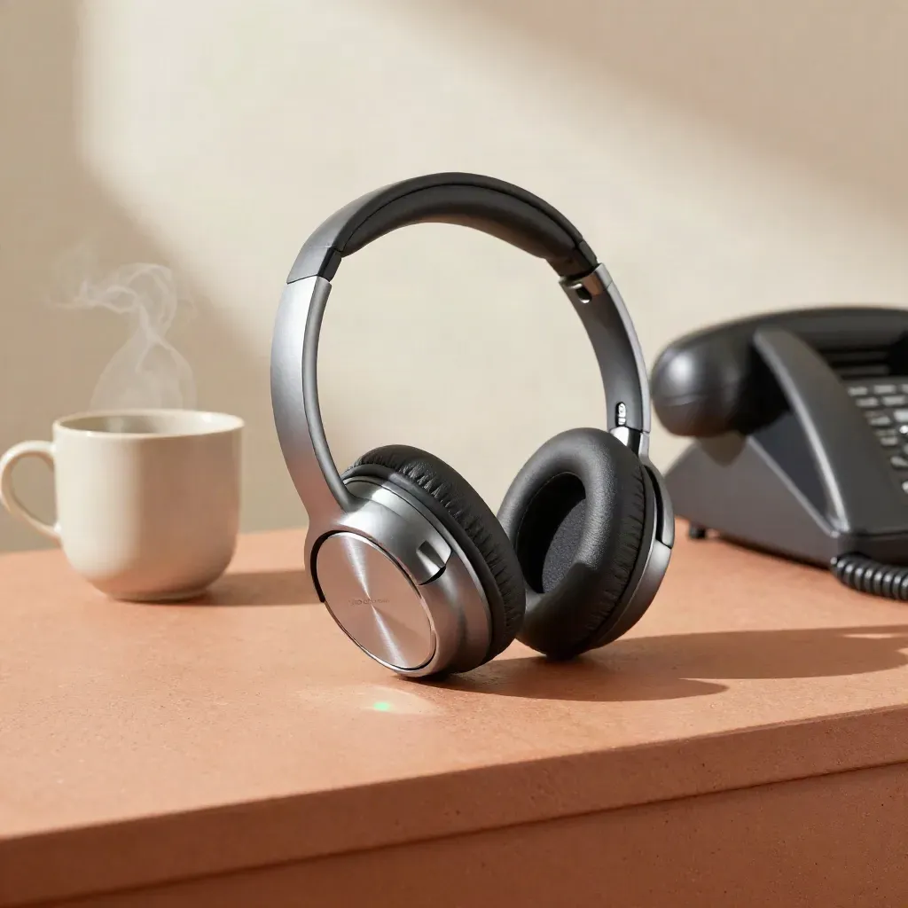 Casque premium, tasse et téléphone fixe sur un comptoir terracotta, ambiance support client douce