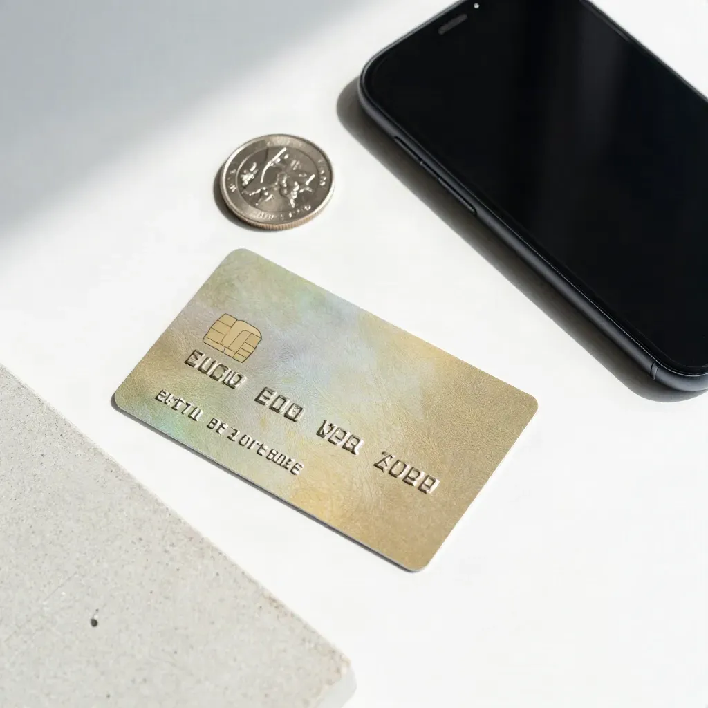 Carte bancaire, téléphone noir éteint et pièce métal sur fond clair, vue du dessus.