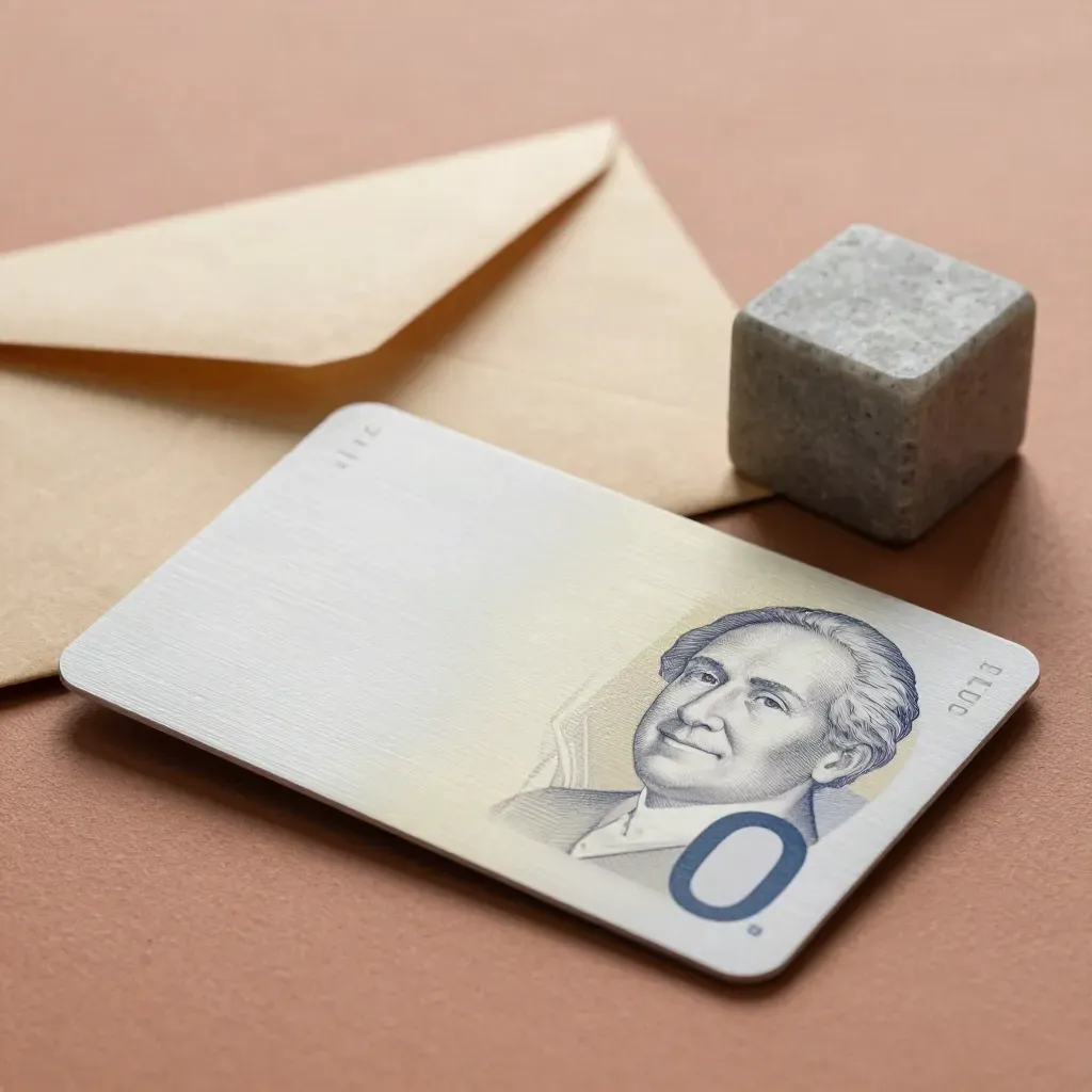 Carte métal SEPA, enveloppe kraft scellée et bloc de pierre, vue latérale sur fond clair.