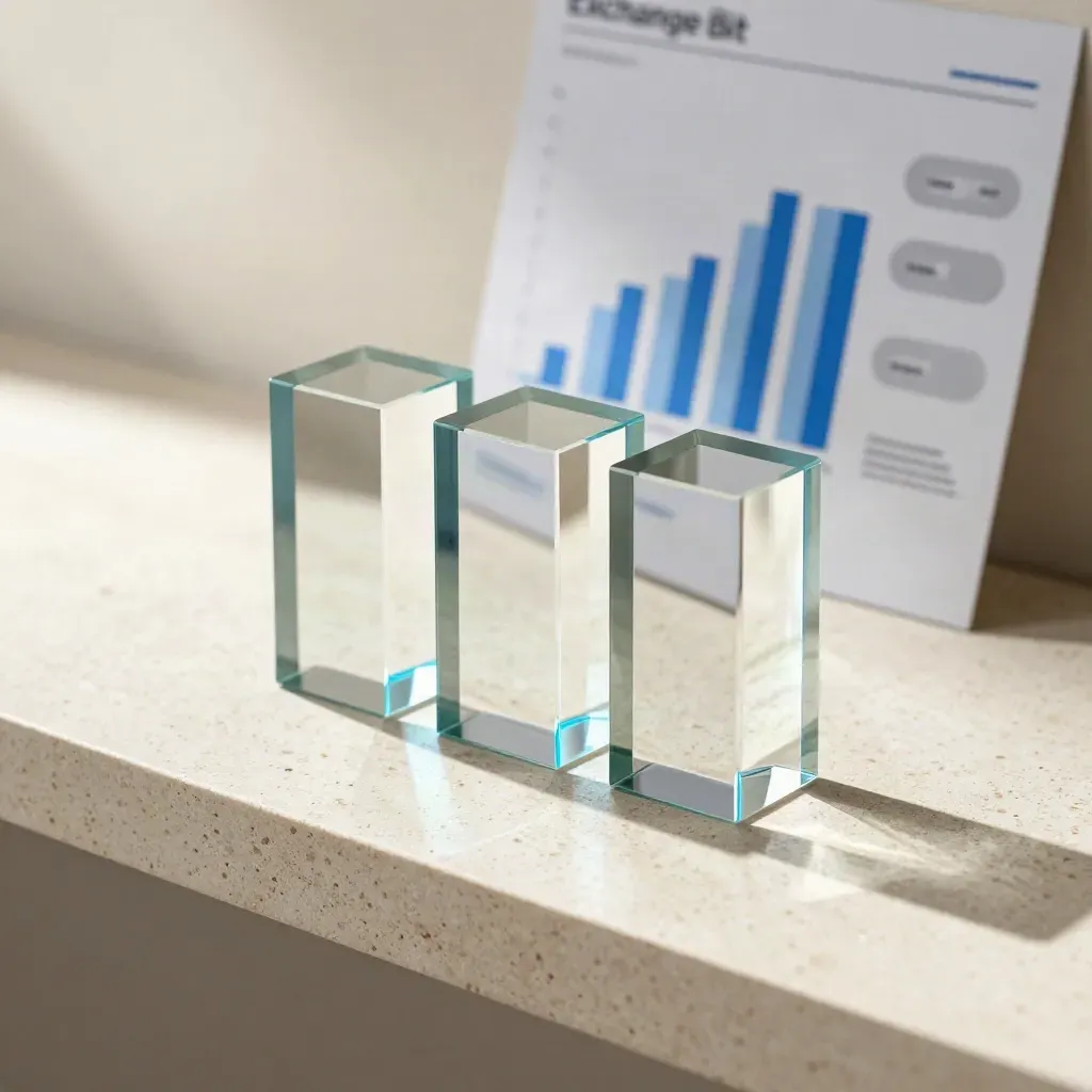 Blocs de verre sur pierre, ambiance fintech lumineuse avec reflets bleus et carte floue.