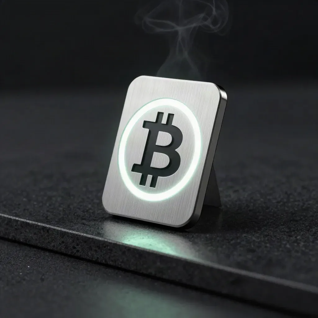 Balise d’alerte prix BTC argentée avec halo circulaire sur socle sombre.