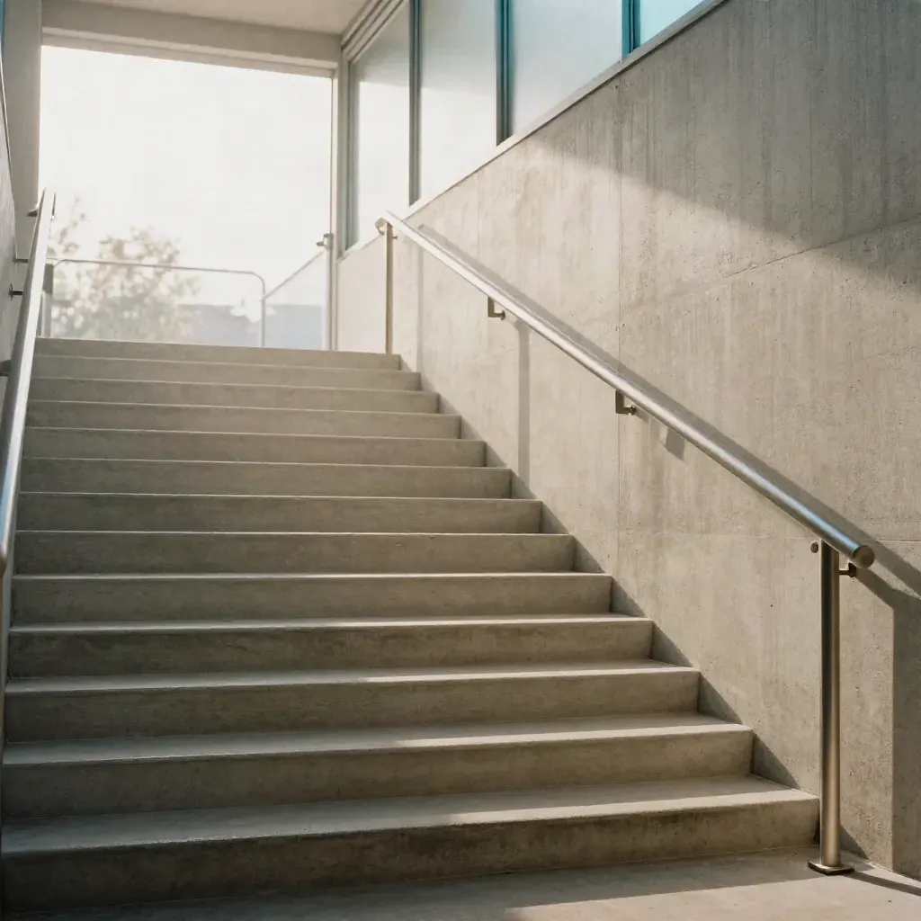 Palier en béton clair et acier brossé, escalier diagonal baigné d’une lumière douce.